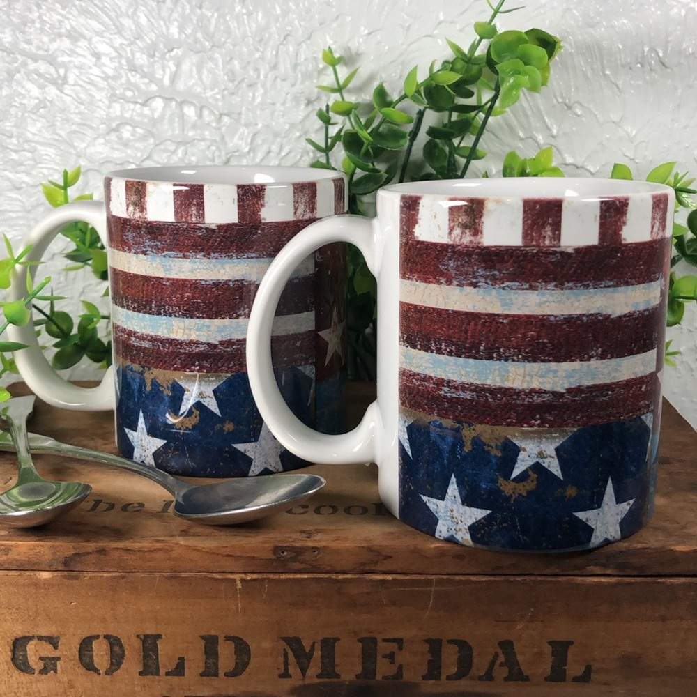 NWT Patriotic American Flag Patchwork Mugs 12oz Distressed Rustic Farmhouse Mugs